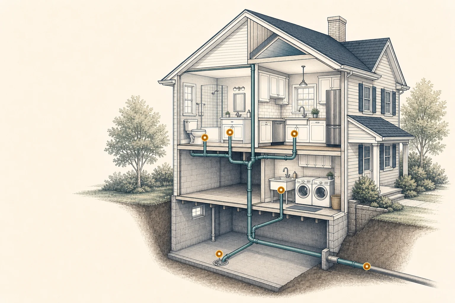 Cutaway illustration of bathroom, kitchen, laundry, and basement drains joining a shared household drain path