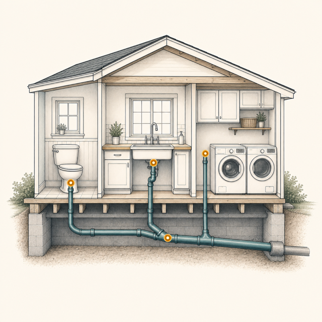 Cutaway illustration of a toilet, sink, and laundry drain joining one shared drain line